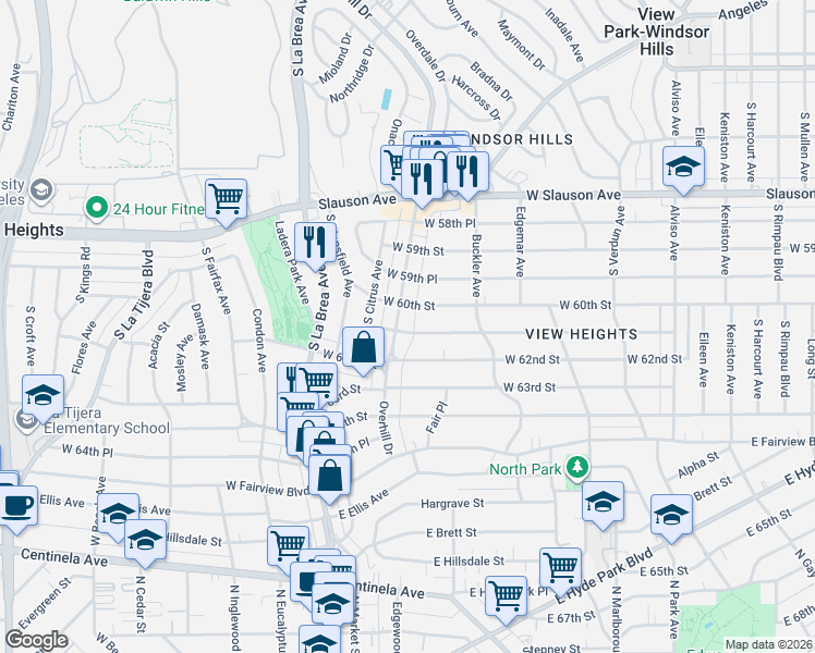 map of restaurants, bars, coffee shops, grocery stores, and more near 6114 Overhill Drive in View Park-Windsor Hills