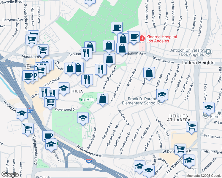 map of restaurants, bars, coffee shops, grocery stores, and more near 5650 North Sumner Way in Culver City