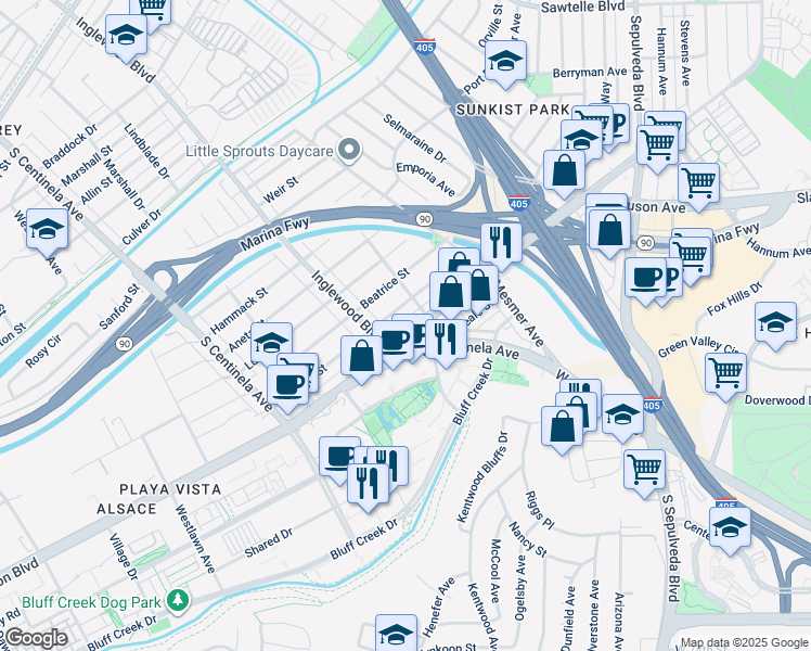 map of restaurants, bars, coffee shops, grocery stores, and more near 6720 South Centinela Avenue in Culver City