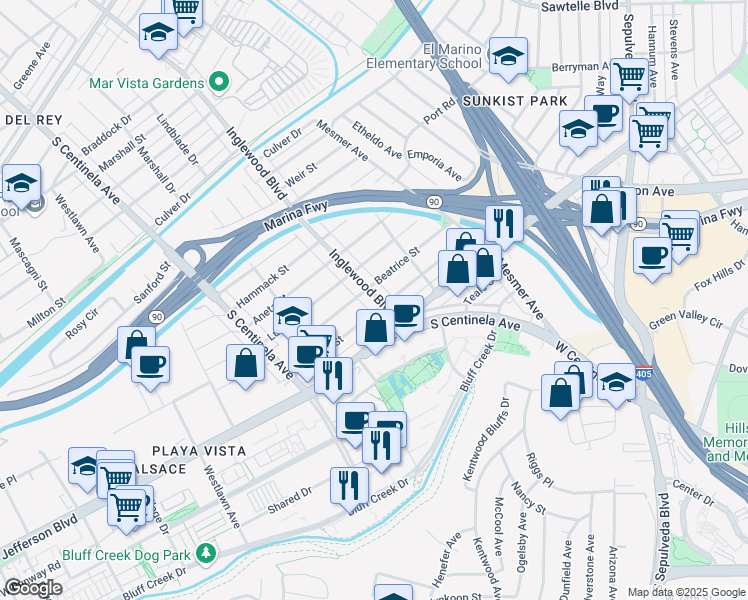 map of restaurants, bars, coffee shops, grocery stores, and more near 12035 Juniette Street in Culver City