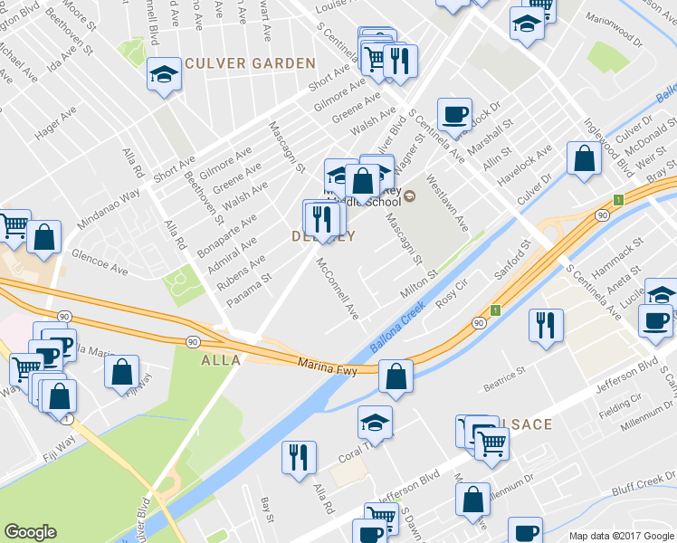 map of restaurants, bars, coffee shops, grocery stores, and more near 4885 Patrae Street in Los Angeles