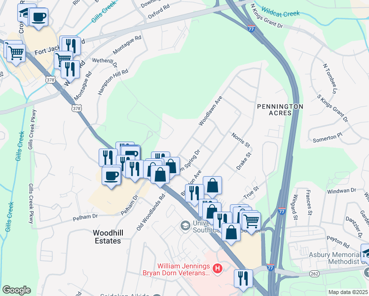 map of restaurants, bars, coffee shops, grocery stores, and more near 6108 Harietta Avenue in Columbia