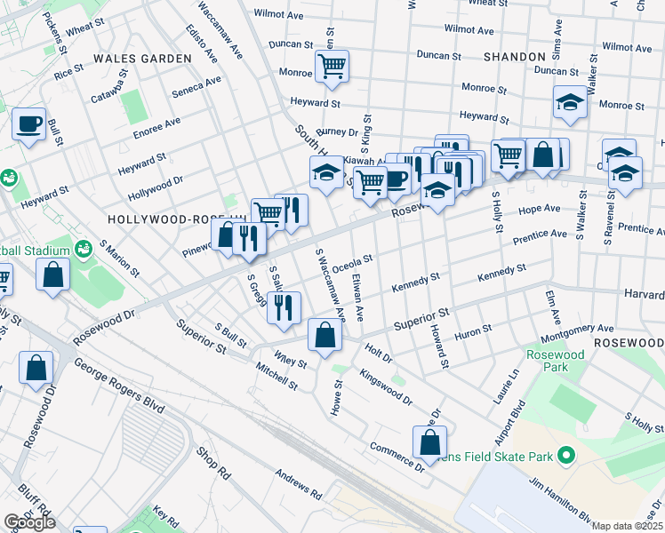 map of restaurants, bars, coffee shops, grocery stores, and more near 519 Etiwan Avenue in Columbia
