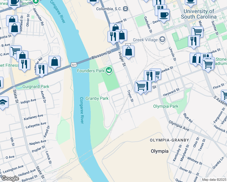 map of restaurants, bars, coffee shops, grocery stores, and more near 306 Picadilly Street in Columbia