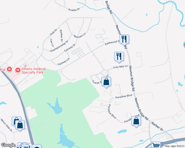map of restaurants, bars, coffee shops, grocery stores, and more near 1420 Towne Square Terrace in Athens