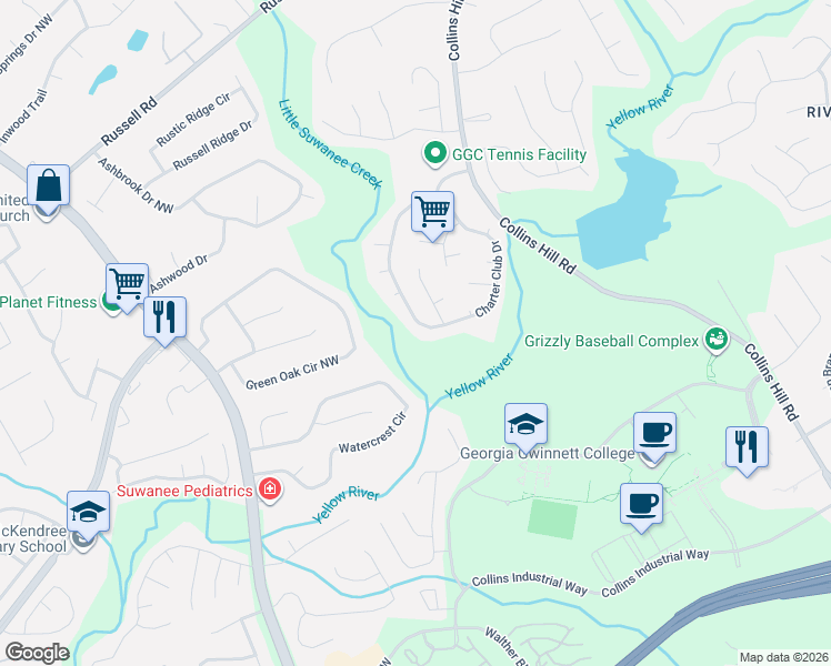 map of restaurants, bars, coffee shops, grocery stores, and more near 1220 Charter Club Drive in Lawrenceville