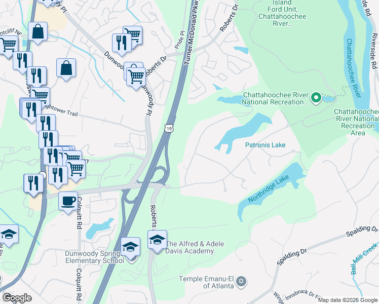 map of restaurants, bars, coffee shops, grocery stores, and more near 8380 Berkley Ridge Northeast in Atlanta