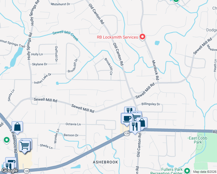 map of restaurants, bars, coffee shops, grocery stores, and more near 2925 Dellinger Drive in Marietta