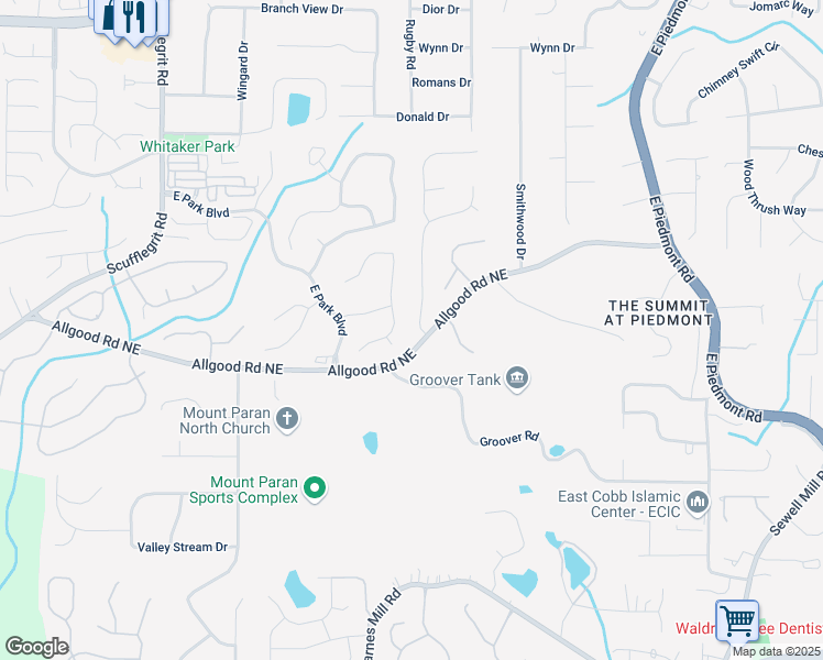 map of restaurants, bars, coffee shops, grocery stores, and more near 1353 Sheffield Parkway in Marietta