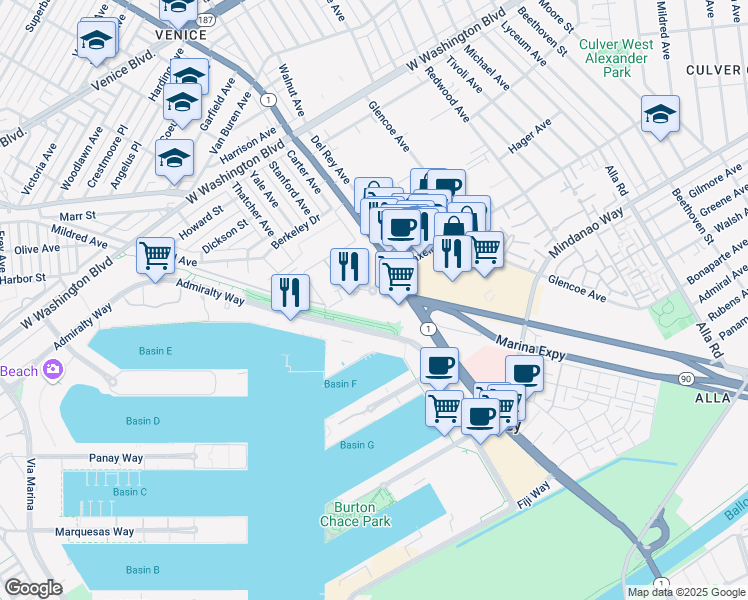 map of restaurants, bars, coffee shops, grocery stores, and more near 13600 Marina Pointe Drive in Los Angeles