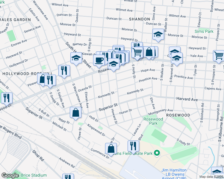 map of restaurants, bars, coffee shops, grocery stores, and more near 518 Howard Street in Columbia