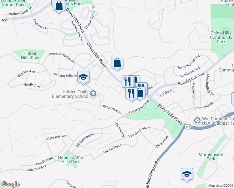 map of restaurants, bars, coffee shops, grocery stores, and more near 2509 Moon Dust Drive in Chino Hills