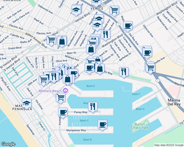 map of restaurants, bars, coffee shops, grocery stores, and more near 4314 Marina City Drive in Marina del Rey