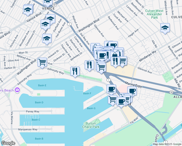 map of restaurants, bars, coffee shops, grocery stores, and more near 13700 Marina Pointe Drive in Los Angeles