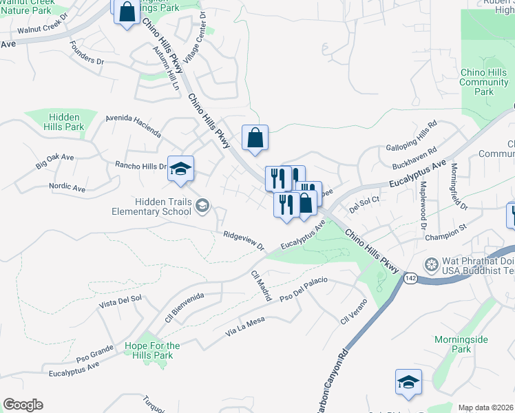 map of restaurants, bars, coffee shops, grocery stores, and more near 2509 Moon Dust Drive in Chino Hills