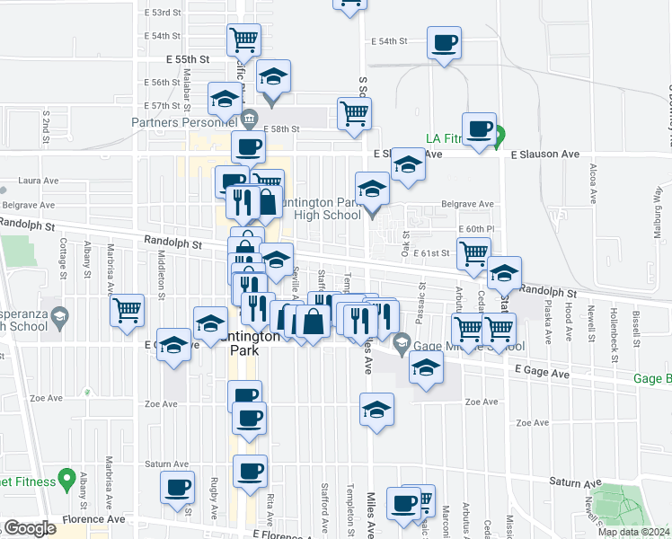 map of restaurants, bars, coffee shops, grocery stores, and more near 2768 Randolph Street in Huntington Park