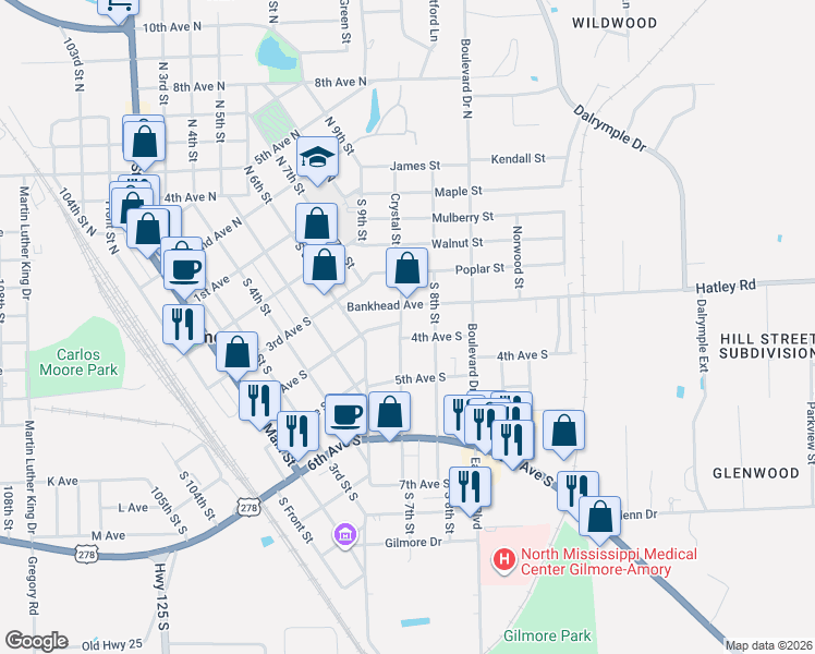 map of restaurants, bars, coffee shops, grocery stores, and more near 700-714 4th Avenue South in Amory