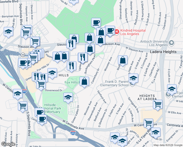 map of restaurants, bars, coffee shops, grocery stores, and more near 5651 North Sumner Way in Culver City
