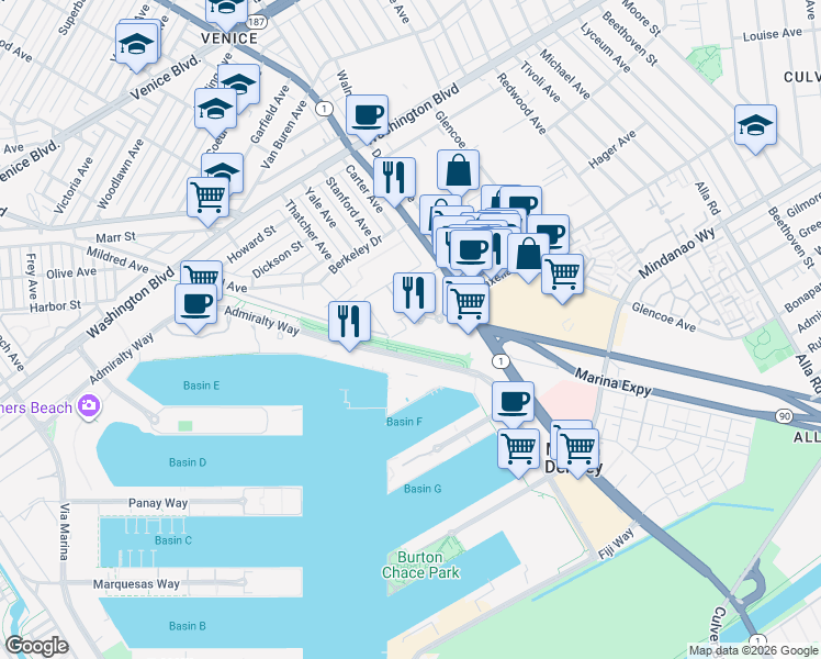 map of restaurants, bars, coffee shops, grocery stores, and more near 13700 Marina Pointe Drive in Los Angeles
