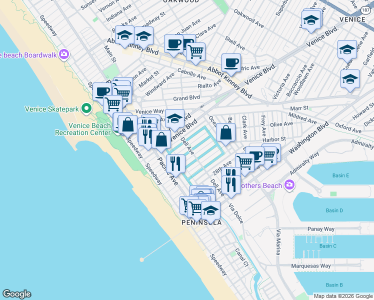 map of restaurants, bars, coffee shops, grocery stores, and more near 239 Linnie Canal in Los Angeles