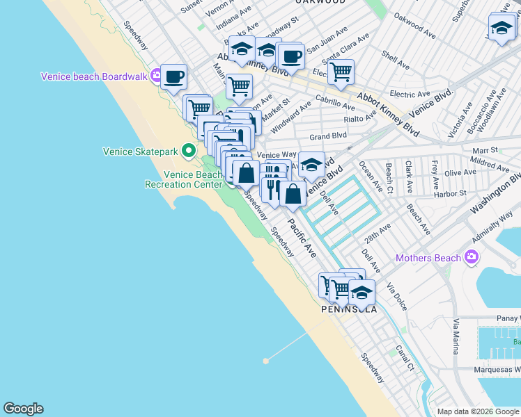map of restaurants, bars, coffee shops, grocery stores, and more near 17 North Venice Boulevard in Los Angeles