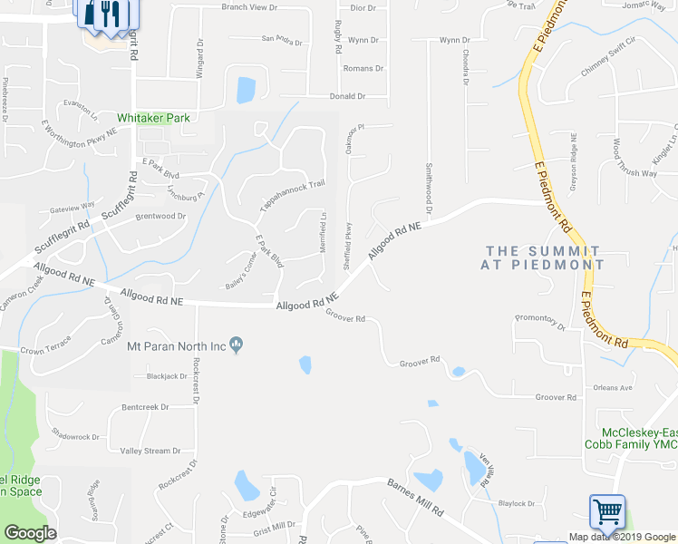 map of restaurants, bars, coffee shops, grocery stores, and more near 1353 Sheffield Parkway in Marietta