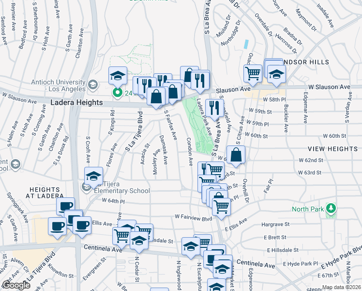 map of restaurants, bars, coffee shops, grocery stores, and more near 6118 South Fairfax Avenue in View Park-Windsor Hills