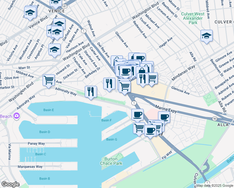 map of restaurants, bars, coffee shops, grocery stores, and more near 13600 Marina Pointe Drive in Marina del Rey