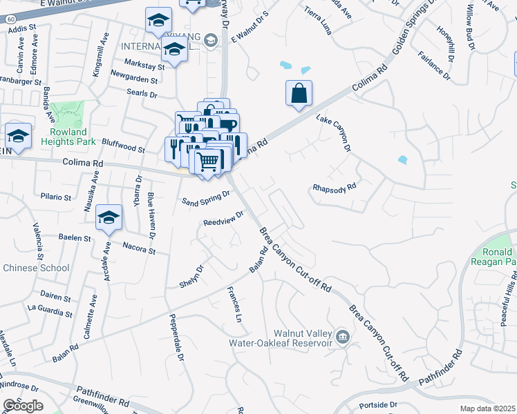 map of restaurants, bars, coffee shops, grocery stores, and more near 1920 Brea Canyon Cut-off Road in Walnut