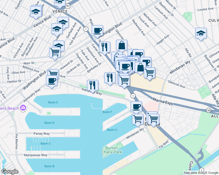 map of restaurants, bars, coffee shops, grocery stores, and more near 13700 Marina Pointe Drive in Los Angeles