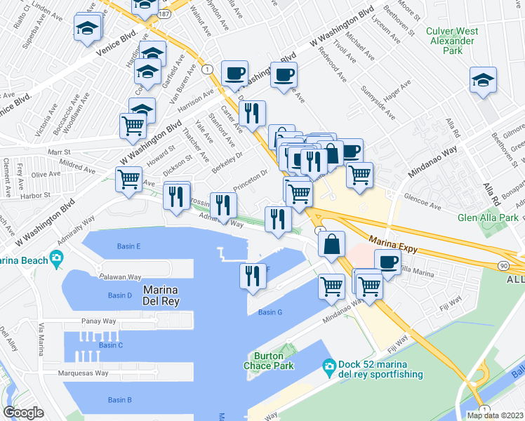 map of restaurants, bars, coffee shops, grocery stores, and more near in Marina del Rey
