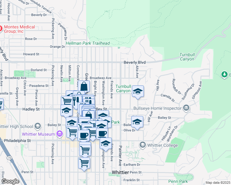 map of restaurants, bars, coffee shops, grocery stores, and more near 13311 Camilla Street in Whittier
