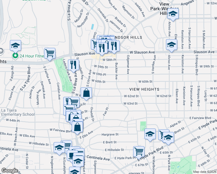 map of restaurants, bars, coffee shops, grocery stores, and more near 4439 West 61st Street in View Park-Windsor Hills