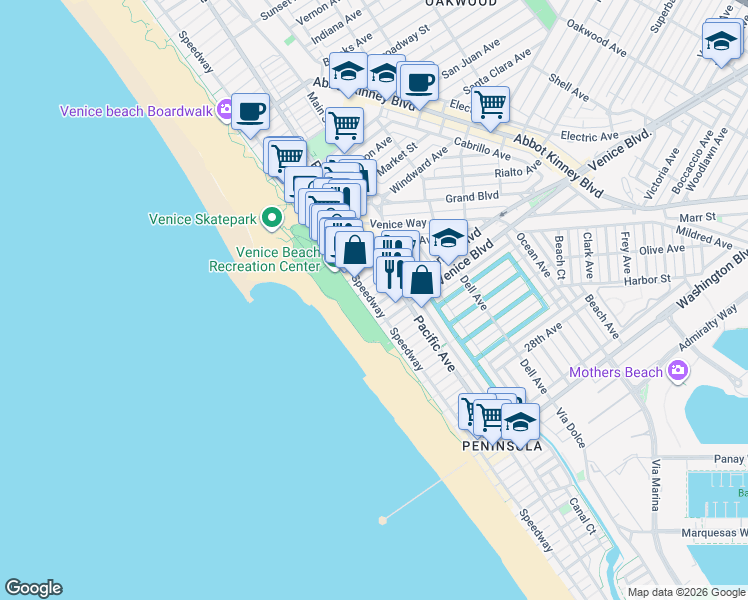 map of restaurants, bars, coffee shops, grocery stores, and more near 17 North Venice Boulevard in Los Angeles