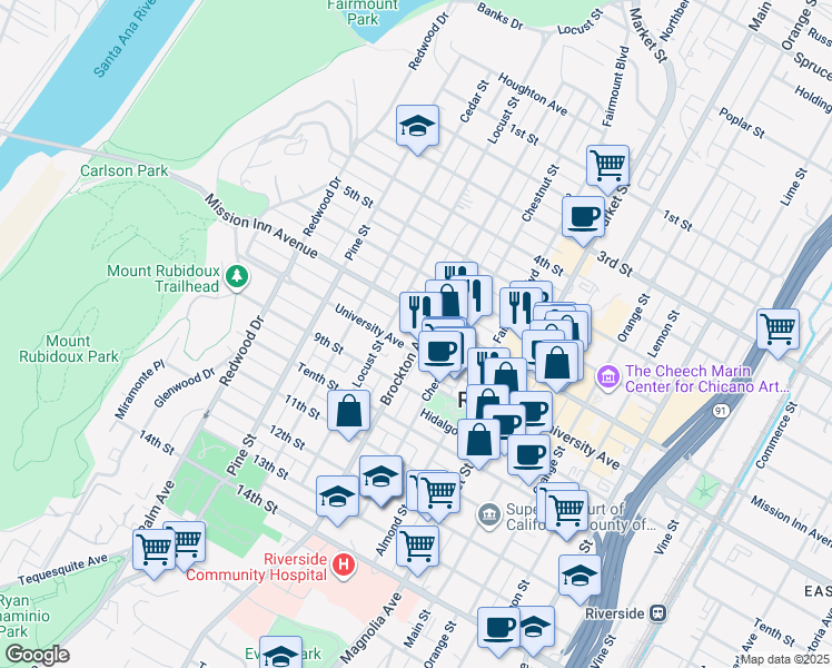 map of restaurants, bars, coffee shops, grocery stores, and more near 3755 Brockton Avenue in Riverside