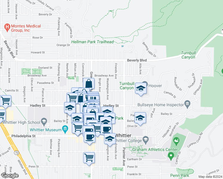 map of restaurants, bars, coffee shops, grocery stores, and more near 13211 Camilla Street in Whittier