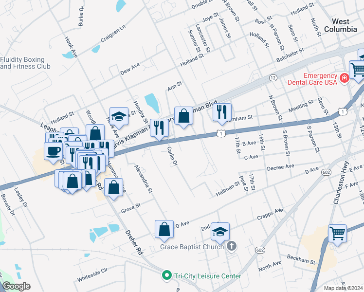 map of restaurants, bars, coffee shops, grocery stores, and more near 1921 Augusta Road in West Columbia