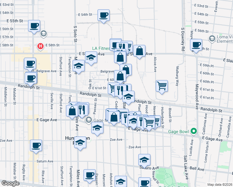 map of restaurants, bars, coffee shops, grocery stores, and more near 3063 Randolph Street in Huntington Park