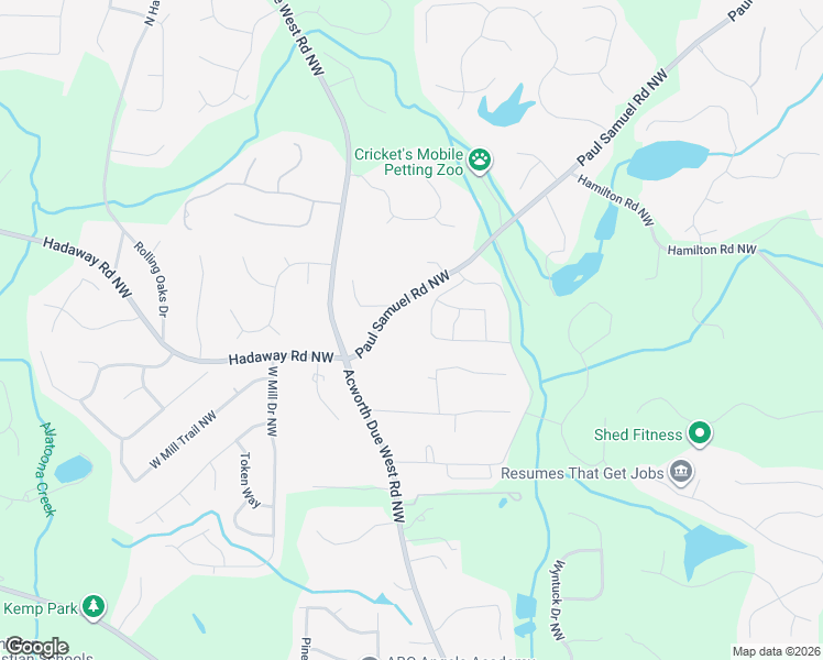 map of restaurants, bars, coffee shops, grocery stores, and more near 4045 Paul Samuel Road Northwest in Kennesaw