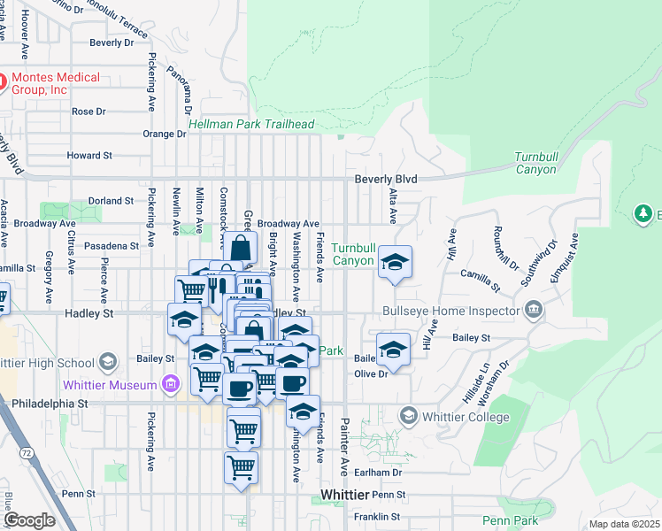 map of restaurants, bars, coffee shops, grocery stores, and more near 13311 Camilla Street in Whittier