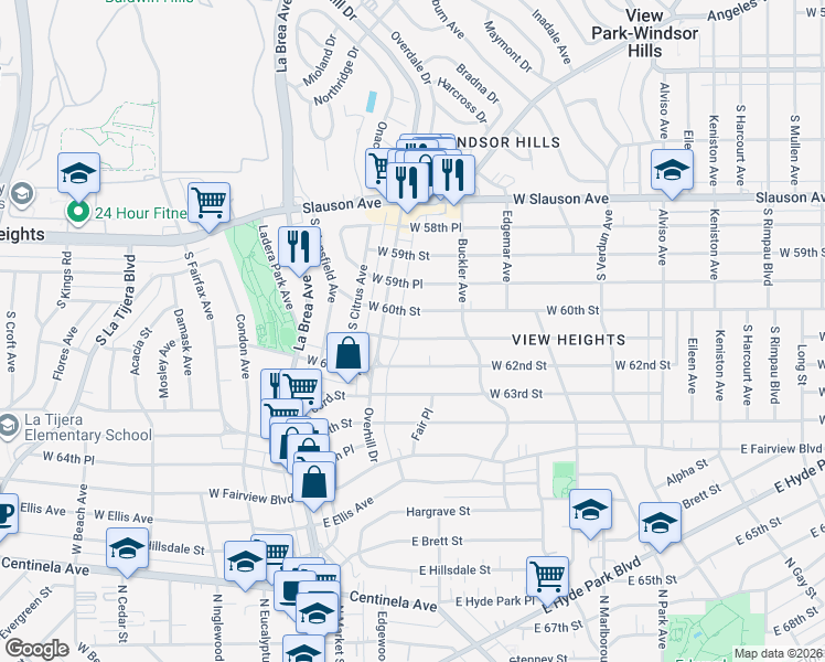 map of restaurants, bars, coffee shops, grocery stores, and more near 4461 West 61st Street in View Park-Windsor Hills