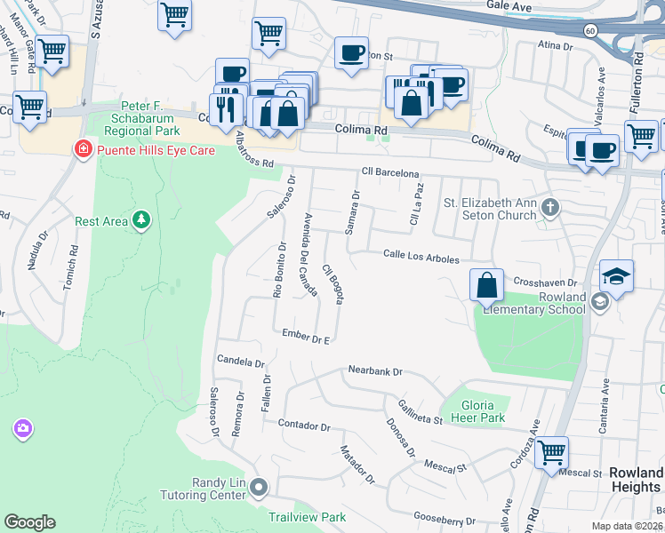 map of restaurants, bars, coffee shops, grocery stores, and more near 1960 Calle Bogota in Rowland Heights