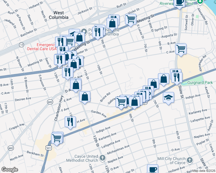 map of restaurants, bars, coffee shops, grocery stores, and more near 925 Bruce Road in Cayce