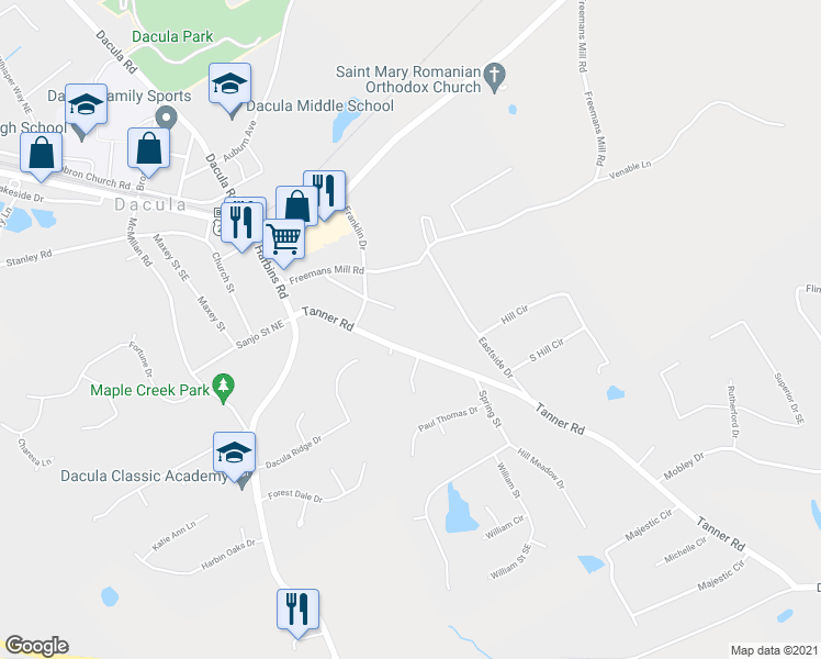 map of restaurants, bars, coffee shops, grocery stores, and more near 486 Tanners Road in Dacula