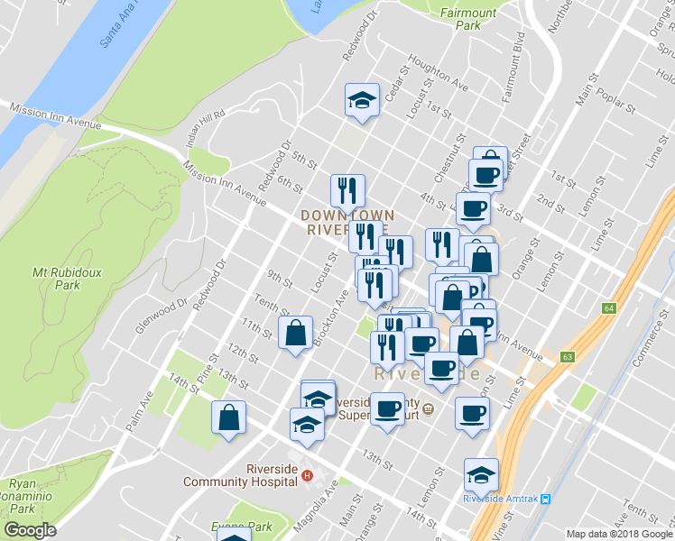 map of restaurants, bars, coffee shops, grocery stores, and more near 4161 University Avenue in Riverside