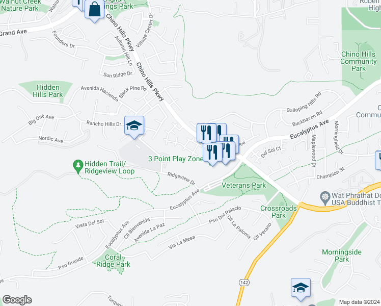 map of restaurants, bars, coffee shops, grocery stores, and more near 2509 Moon Dust Drive in Chino Hills
