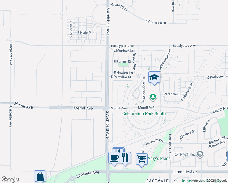 map of restaurants, bars, coffee shops, grocery stores, and more near 4893 South Bountiful Trail in Ontario