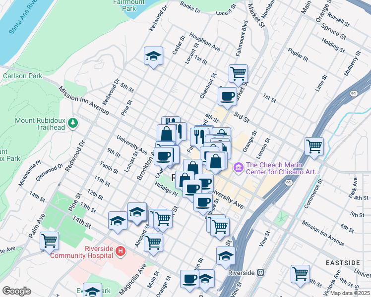map of restaurants, bars, coffee shops, grocery stores, and more near 3655 Fairmount Boulevard in Riverside