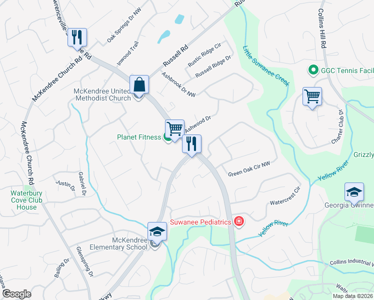 map of restaurants, bars, coffee shops, grocery stores, and more near 1355 Riverside Parkway in Lawrenceville