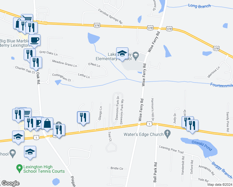 map of restaurants, bars, coffee shops, grocery stores, and more near 481 Dawsons Park Drive in Lexington